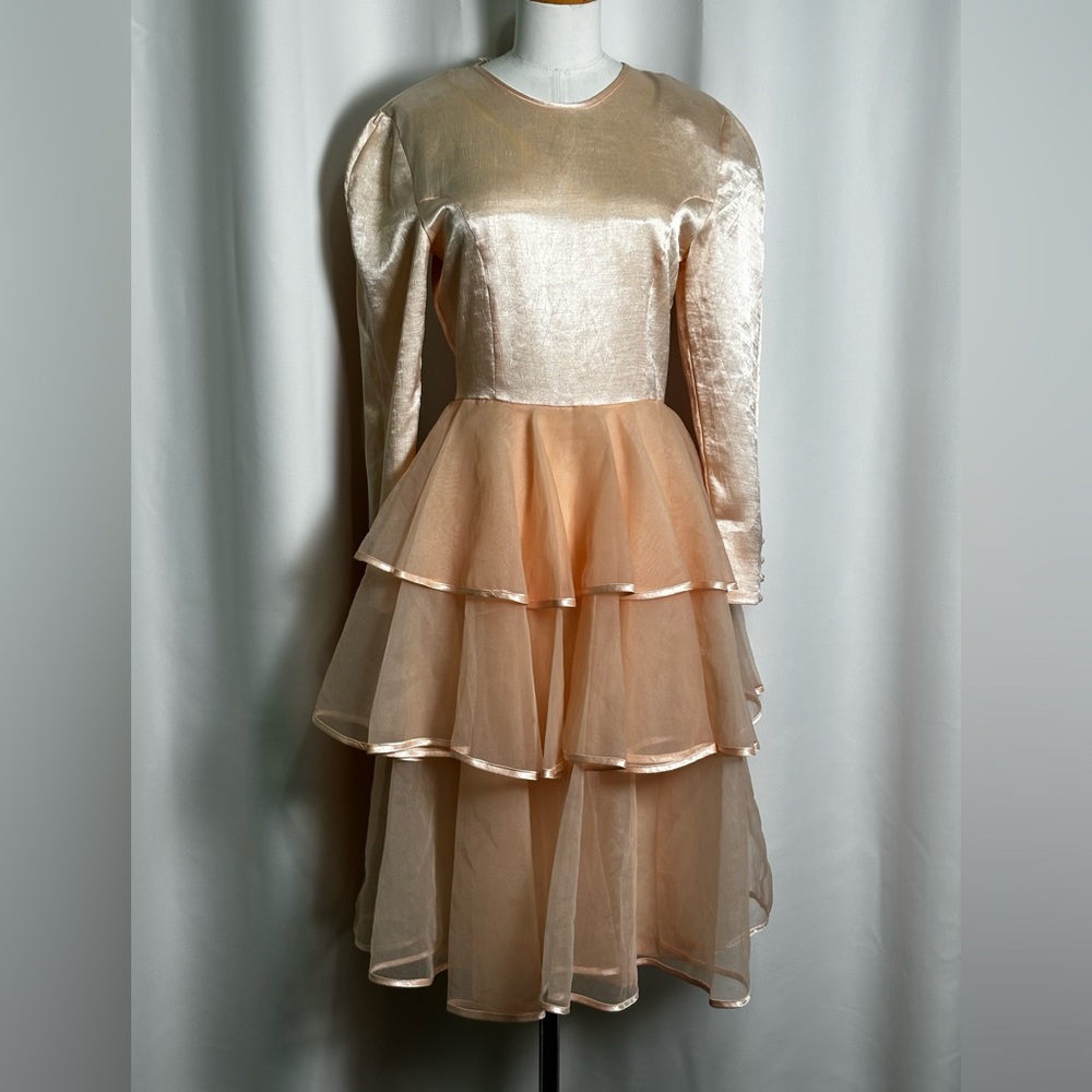 Vintage 1980s Holt Renfrew Champagne Tiered Dress Formal Cocktail Dress
